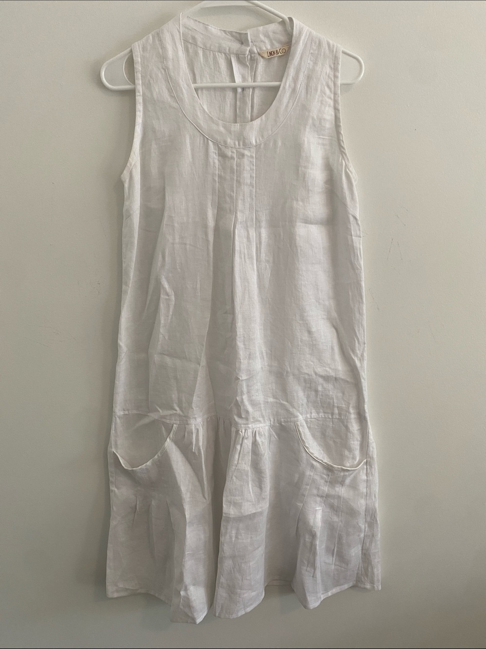 Linen & Co Linen Drop Waist Lagenlook w Pockets Tank Dress White Medium